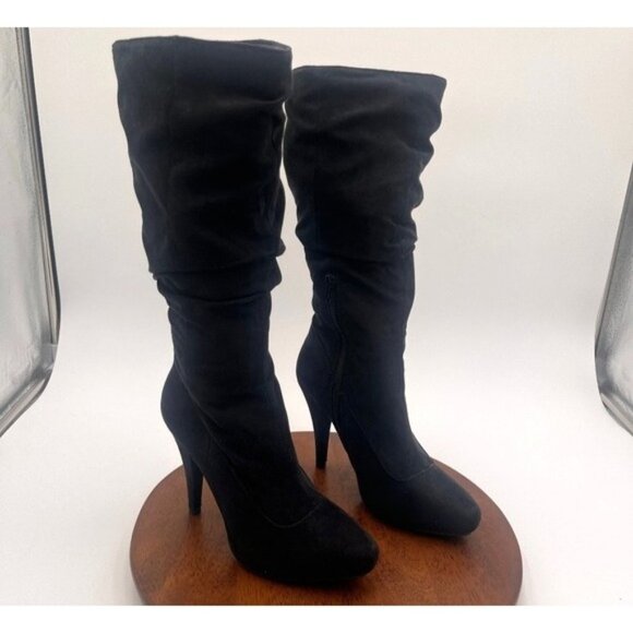 Elle Black Suede Pointed Toe Slouchy Heeled Mid-Calf Boots Size 6M Whimsigoth - Picture 1 of 14